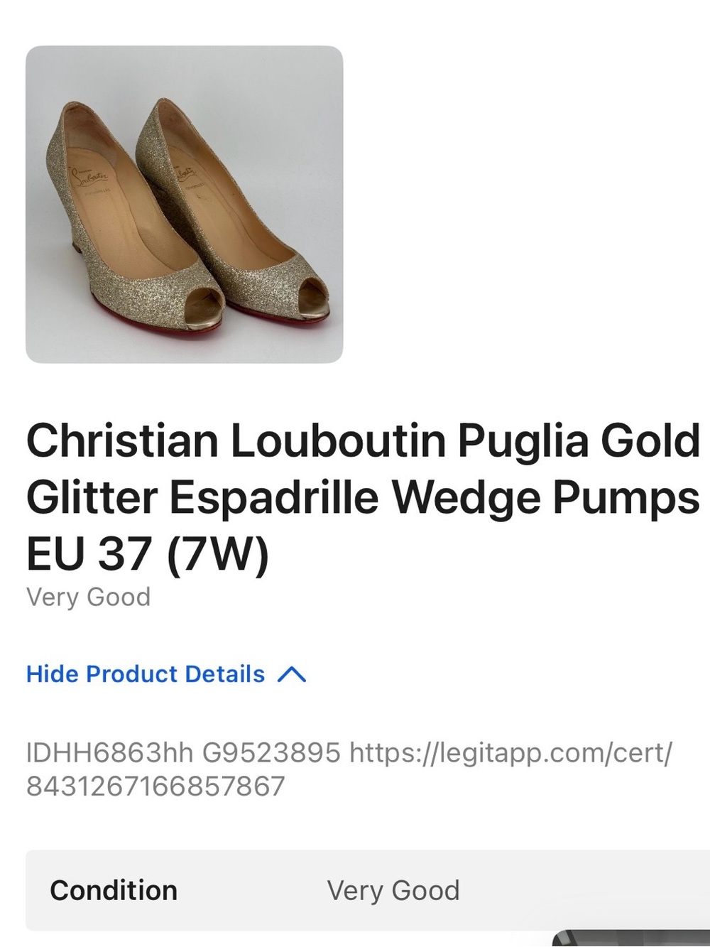 Christian Louboutin Gold Glitter Peep-Toe Wedge Pumps